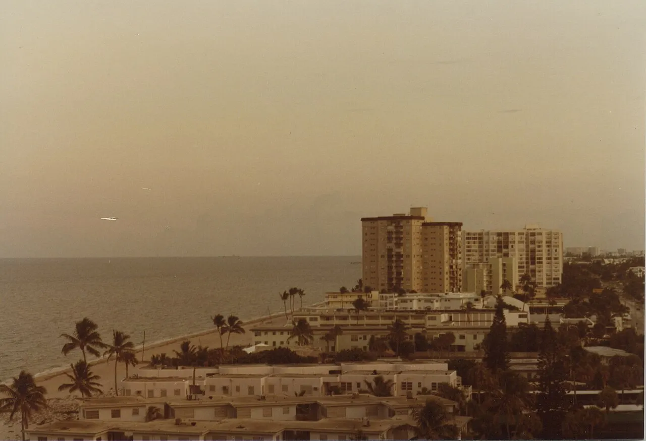 Low buildings, palms and the beach looking south from a high rise, with towers in the distance